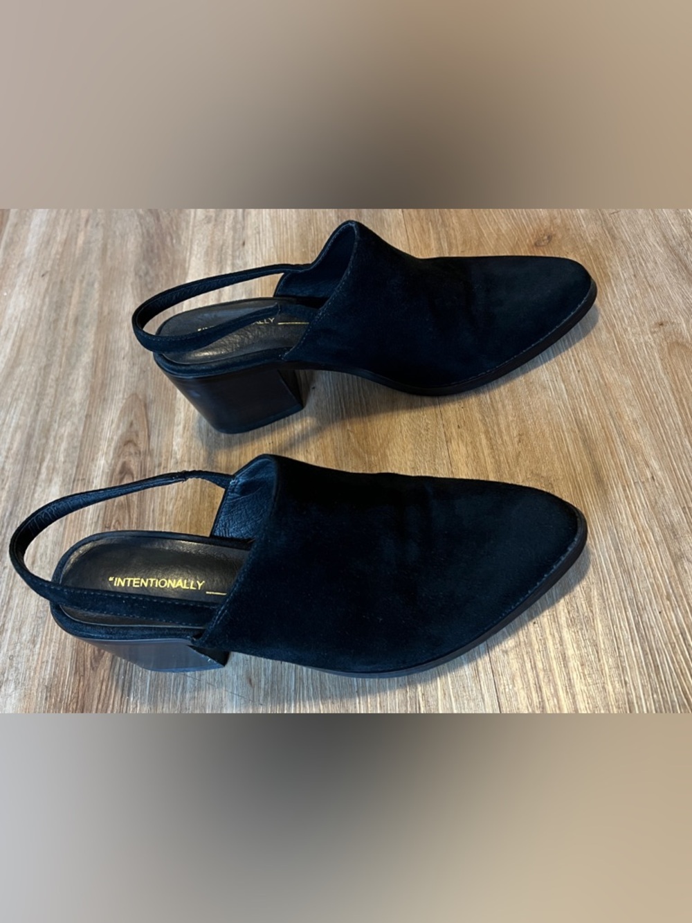 INTENTIONALLY BLANK Black Suede Slingback Block Heel Mules